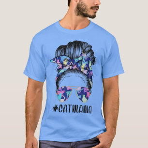 Cat Mama Messy Hair Bun Sonnenblume Muttertag T-Shirt