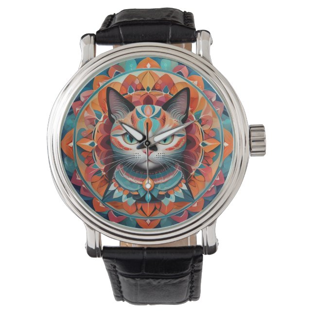 Cat Mandala Armbanduhr (Vorderseite)