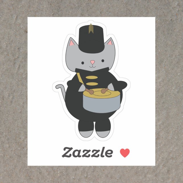 Cat Marching Band Snare Drum Black Gold Aufkleber (A sticker of a cat wearing a black & gold marching band uniform while playing the snare drum)