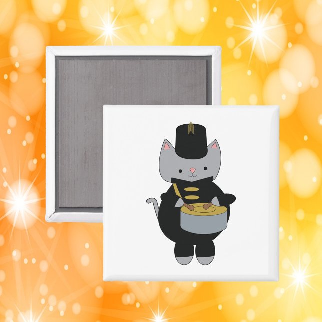 Cat Marching Band Snare Drum Black Gold Magnet (A magnet featuring a cat wearing a black & gold marching band uniform with a snare drum.)