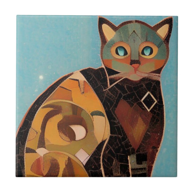 Cat Marokko Mosaik abstrakte Kunst aquamarine kitt Fliese (Vorderseite)