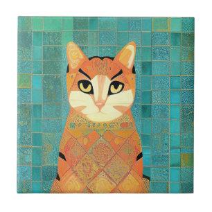 Cat-Marokko-Mosaik-Ingwer auf türkisfarbenem Hinte Fliese