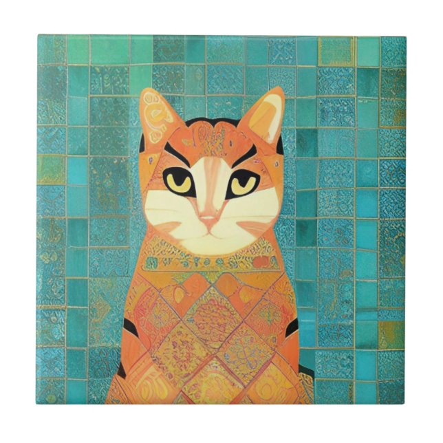 Cat-Marokko-Mosaik-Ingwer auf türkisfarbenem Hinte Fliese (Vorderseite)