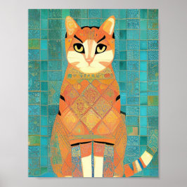 Cat-Marokko-Mosaik-Ingwer auf türkisfarbenem Hinte Poster