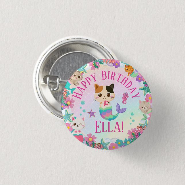 Cat Meowmaid Mermaid Girl Birthday Party Button (Vorne & Hinten)