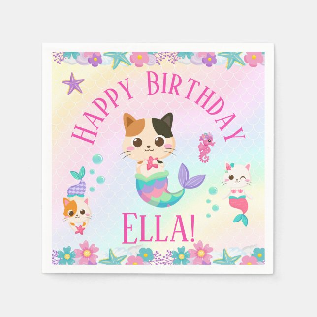 Cat Meowmaid Mermaid Girl Birthday Party Serviette (Vorderseite)