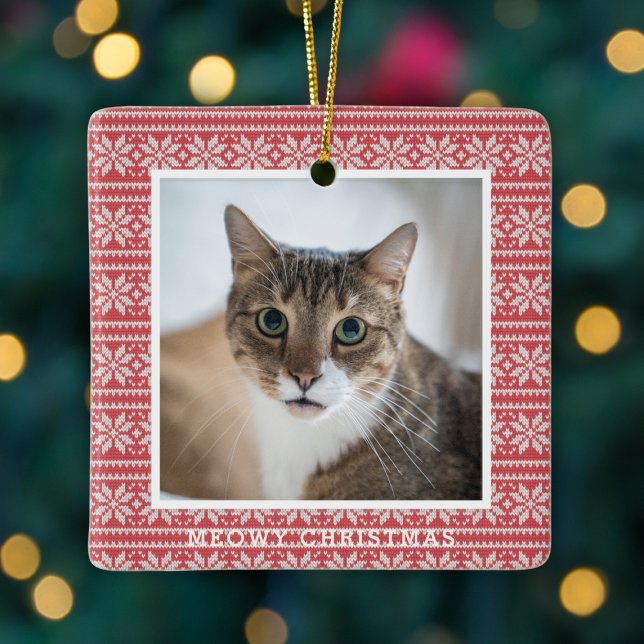 Cat Meowy Christmas Red Strick Pet Keramikornament (Cat Meowy Christmas Red Knit Pet Ceramic Ornament
)