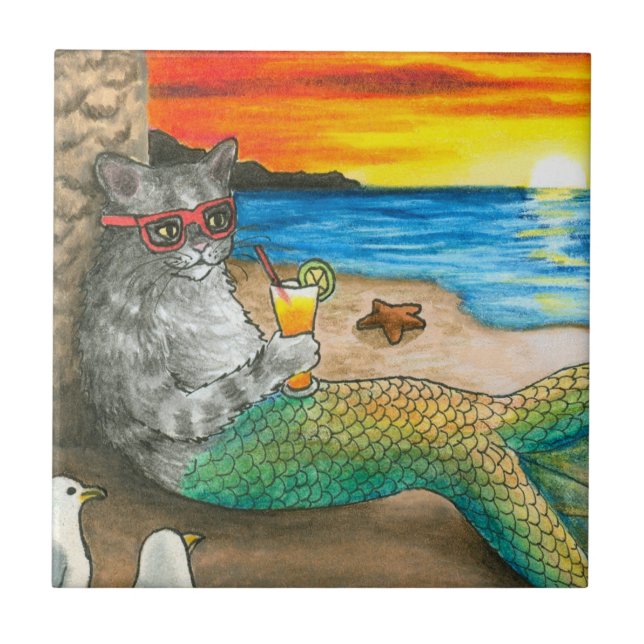 Cat Mermaid 25 Beach Sunset Fliese (Vorderseite)