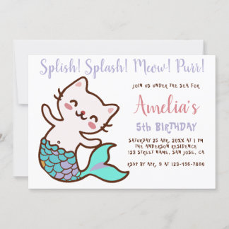 Cat Mermaid Girl Birthday Meowmaid Purrmaid Simple Einladung