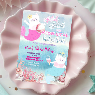 Cat Mermaid Pool Fête Anniversaire Invitation