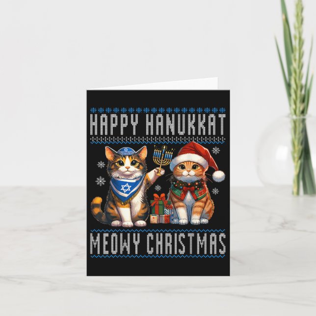 Cat Merry Christmas Happy Hanukkah Juwish Christia Karte (Vorderseite)