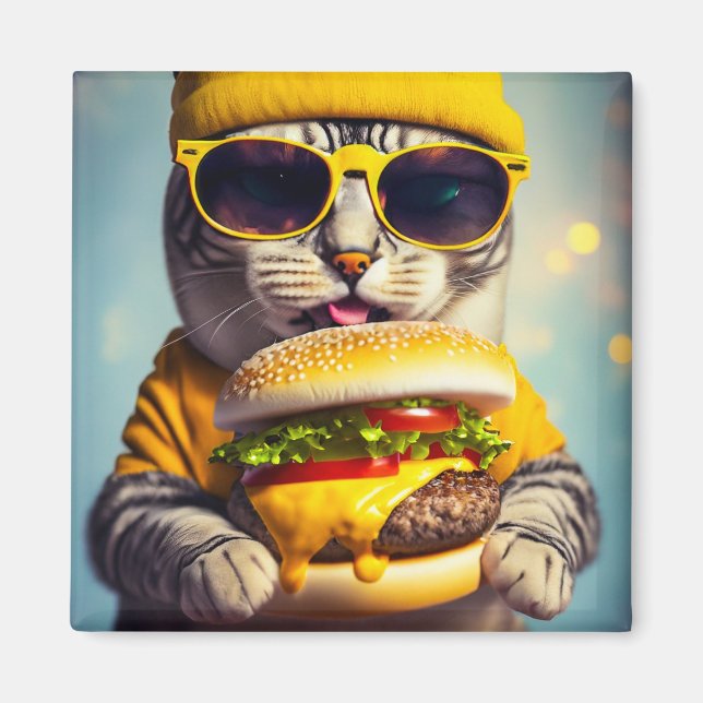 CAT MIT CHEESEBURGER-FUNNY-Kühlschrankmagnet Magnet (Vorne)