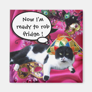 CAT MIT HARLEKIN-HUT-UND MASKERADE-PARTY-MASKEN MAGNET