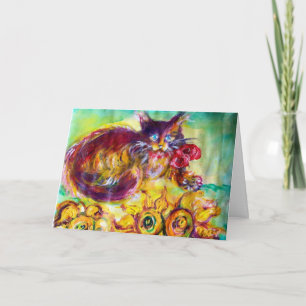 CAT MIT ROTEM RIBBON UND SONNENBLUMEN Happy Birthd Karte