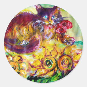 CAT MIT ROtem RIBON UND SONNENBLUMEN Runder Aufkleber