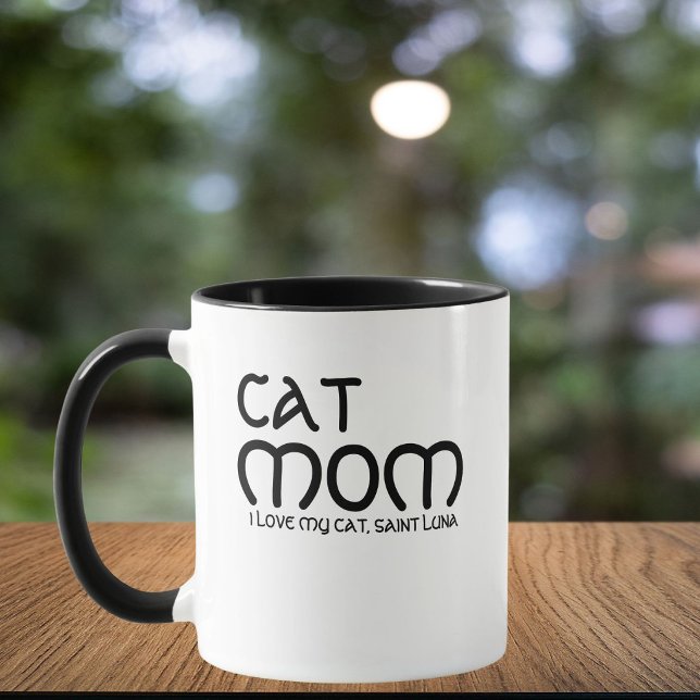 Cat Mom Pet Name Script Text Black White Customize Tasse (Von Creator hochgeladen)