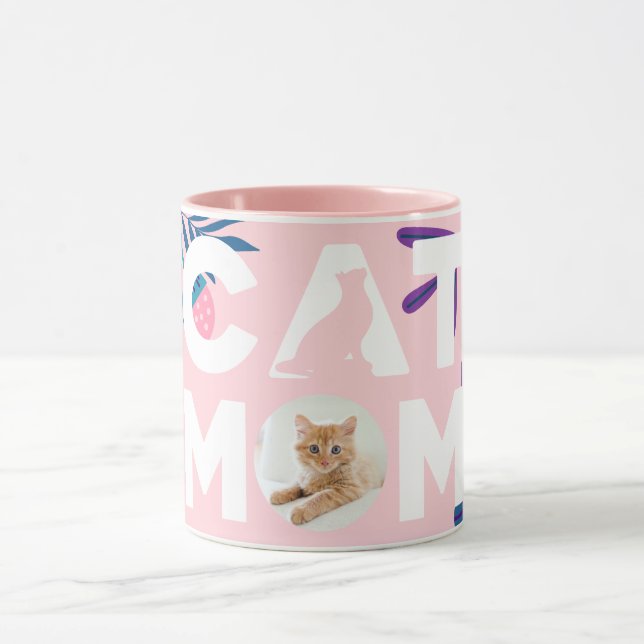 CAT MOM, Votre Photo, Fleurs Roses & Mug Feuille (Centre)