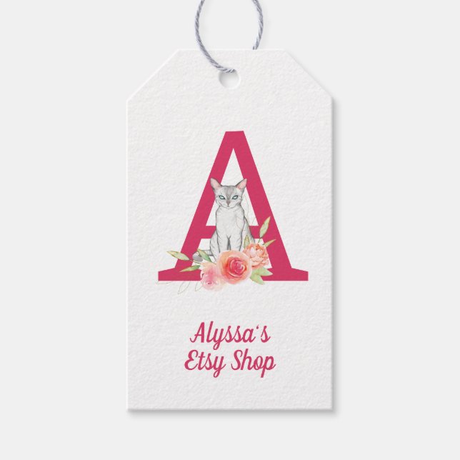 Cat Monogram und Pink Floral Bouquet Merchandise Geschenkanhänger (Vorderseite)