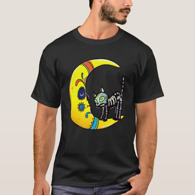 Cat & Moon Sugar Skull Dia de Los Muertos  Day Of  T-Shirt (Vorderseite)