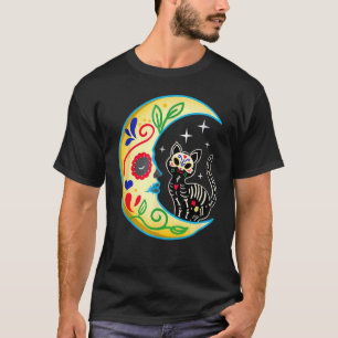 Cat & Moon Sugar Skull Dia de Los Muertos Tag der T-Shirt