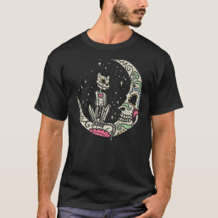 Cat & Moon Sugar Skull Dia de Los Muertos Tag der T-Shirt
