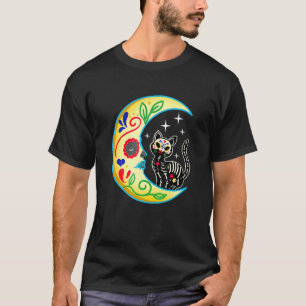 Cat Moon Sugar Skull Dia de Los Muertos Tag er T-Shirt