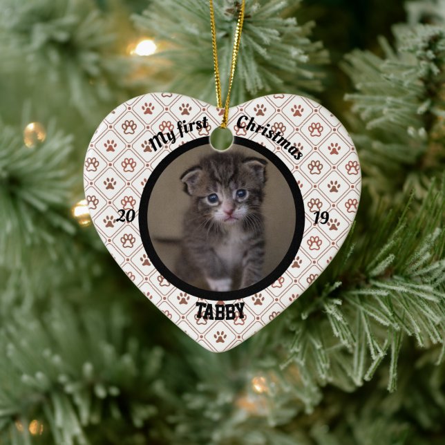 Cat My First Christmas Kitten Photo Name Heart Keramik Ornament (Baum)