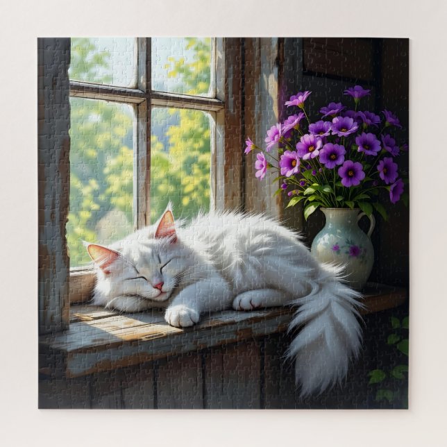 Cat Napping on the Window Sill | Purple Flowers (Vertikal)