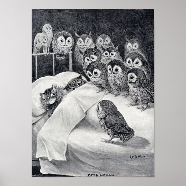 Cat Nightmare Owl Bird, Louis Wain Poster (Vorne)
