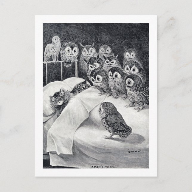 Cat Nightmare Owl Bird, Louis Wain Postkarte (Vorderseite)