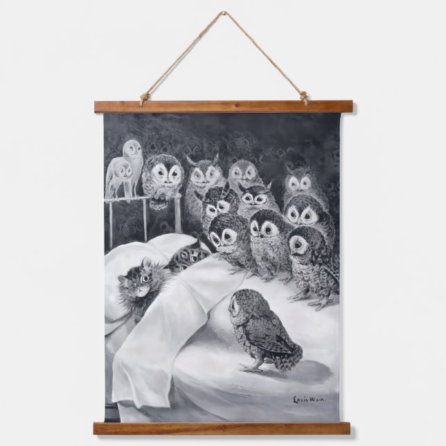 Cat Nightmare, Owl Bird, Louis Wain Wandteppich Mit Holzrahmen (Vorderseite)