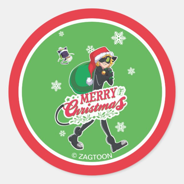 Cat Noir | Frohe Weihnachten Runder Aufkleber (Vorderseite)