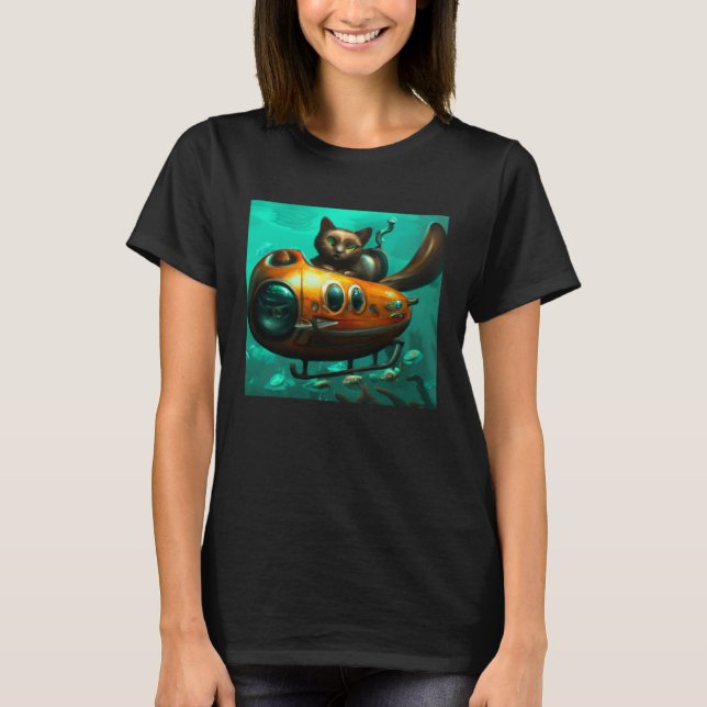 Cat on a submarine in water Unusual situation T-Shirt (Vorderseite)