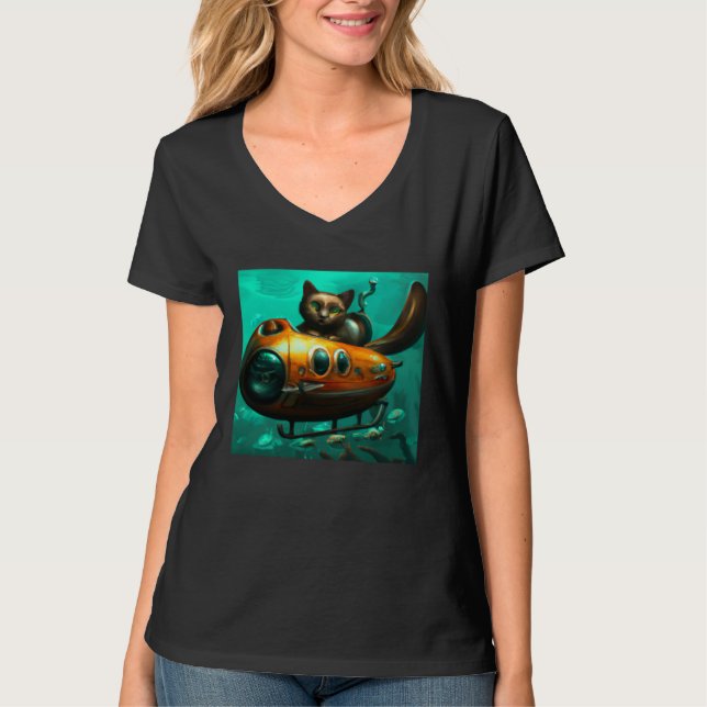 Cat on a submarine in water Unusual situation T-Shirt (Vorderseite)