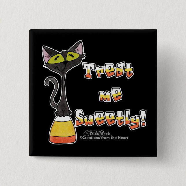 Cat on Candy Corn Leckerei Me Sweetly Button (Vorderseite)