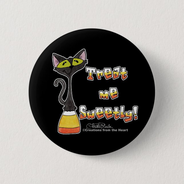Cat on Candy Corn Leckerei Me Sweetly Button (Vorderseite)