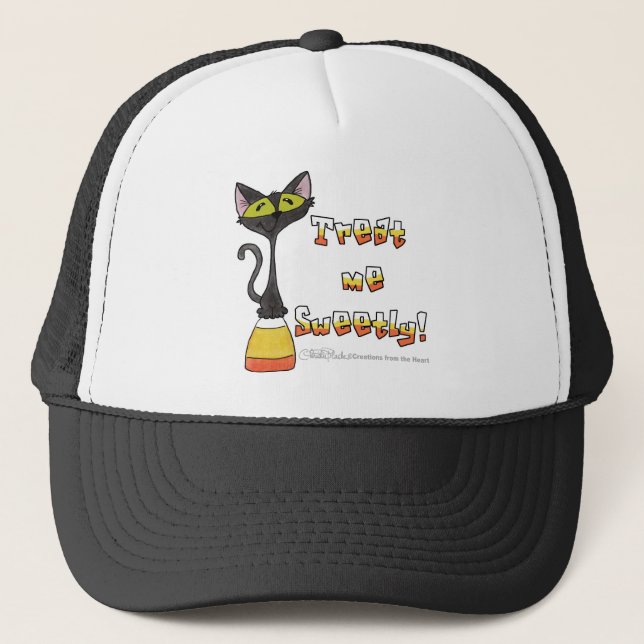 Cat on Candy Corn Leckerei Me Sweetly Truckerkappe (Vorderseite)