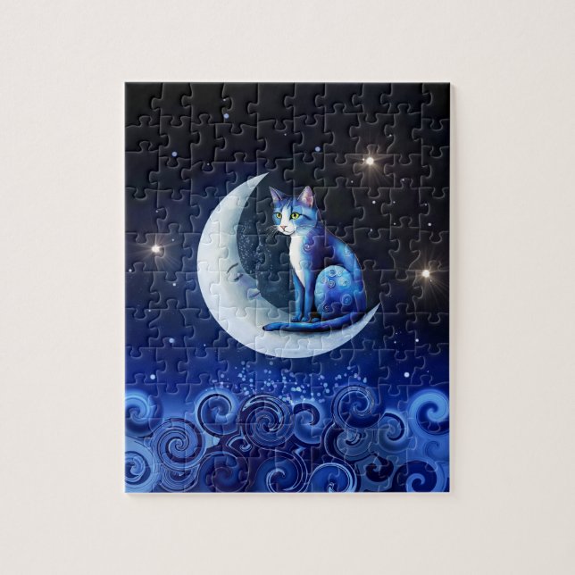 Cat on Crescent Moon blue Cat 773 (Vertikal)