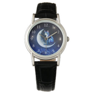 Cat on Crescent Moon blue Cat 773 Armbanduhr
