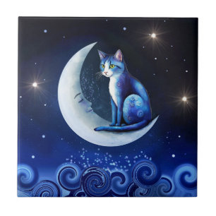 Cat on Crescent Moon blue Cat 773 Fliese