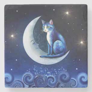 Cat on Crescent Moon blue Cat 773 Steinuntersetzer