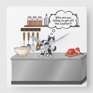 Cat on Kitchen Counter Wall Clock  Quadratische Wanduhr