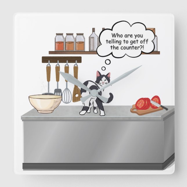 Cat on Kitchen Counter Wall Clock  Quadratische Wanduhr (Vorderseite)