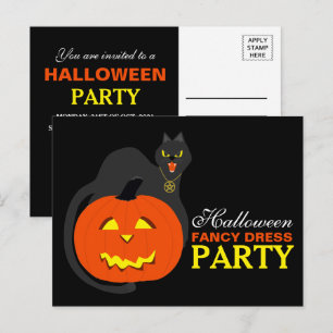 Cat on Pumpkin Halloween Extravagant Dress Party E Einladungspostkarte