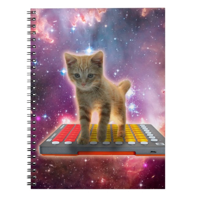 Cat on synthesizers in space notizblock (Vorderseite)