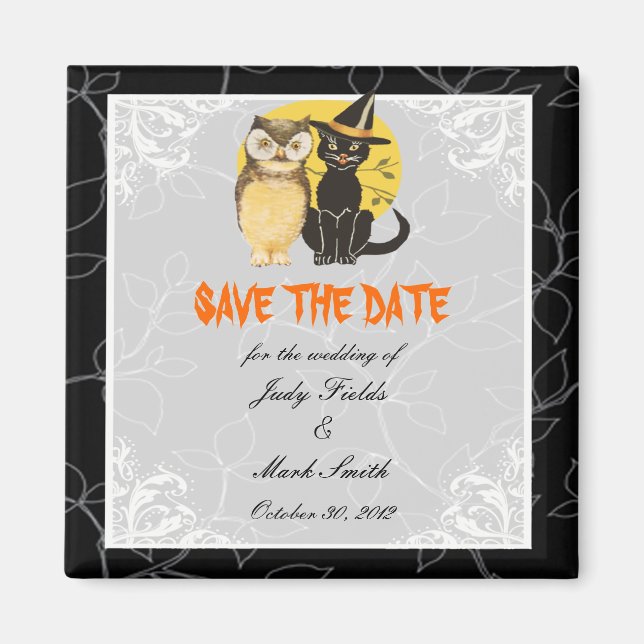 Cat & Owl Halloween Hochzeit Speichern Sie das Dat Magnet (Vorne)