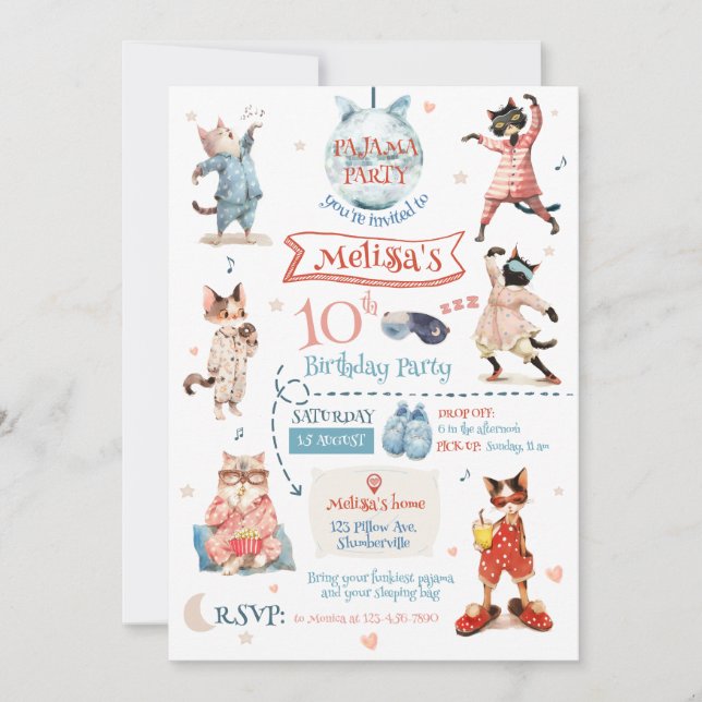 Cat Pajama fête Anniversaire Invitation (Devant)