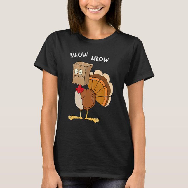 Cat Parody Meow Türkei Maske Zuhause Fest Thanksgi T-Shirt (Vorderseite)