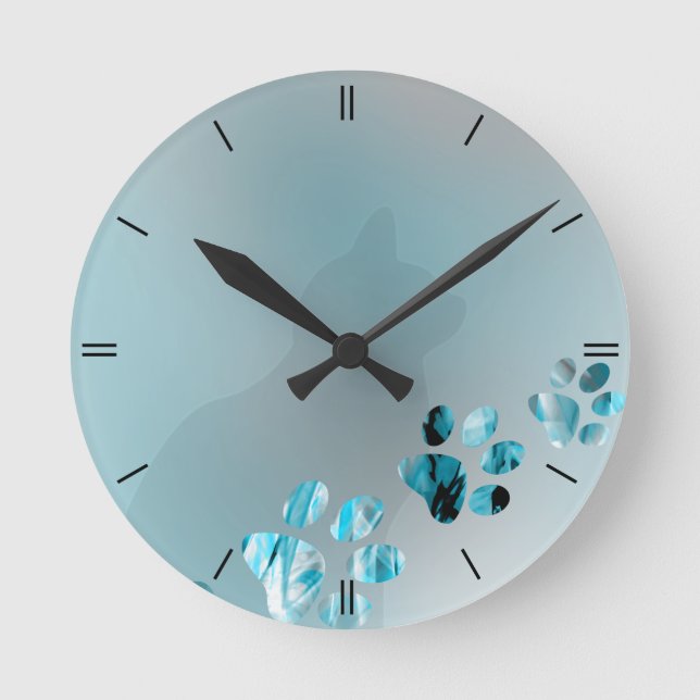 Cat Paw Light Blue Runde Wanduhr (Vorderseite)