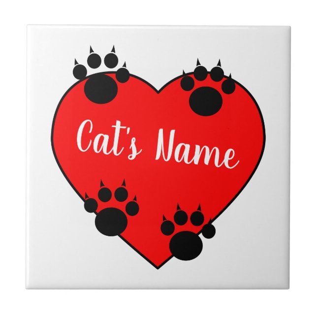 Cat Paw Print Liebe mit Individuelle Name Fliese (Vorderseite)